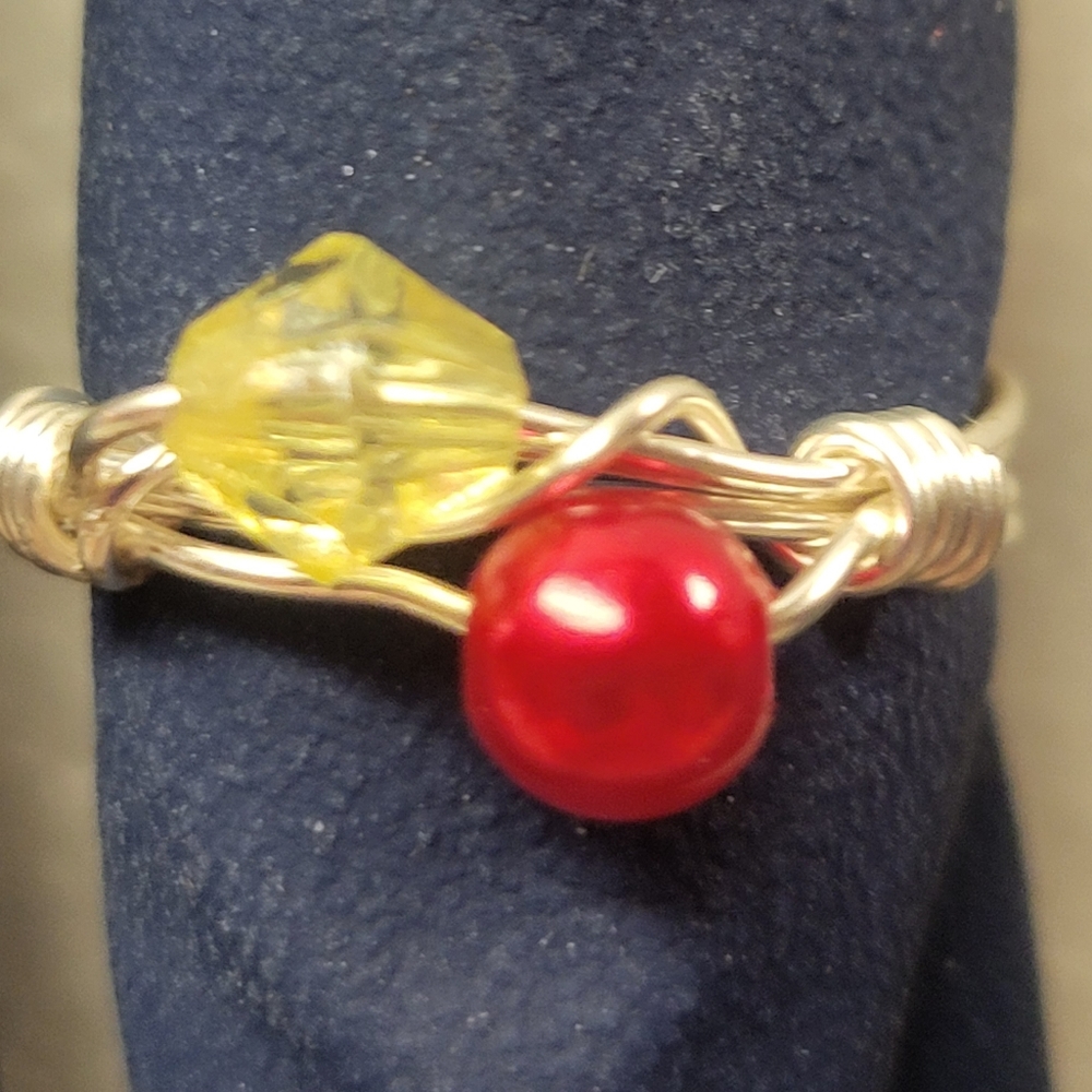 Silver, Yellow, and Red Twisted Stone Ring